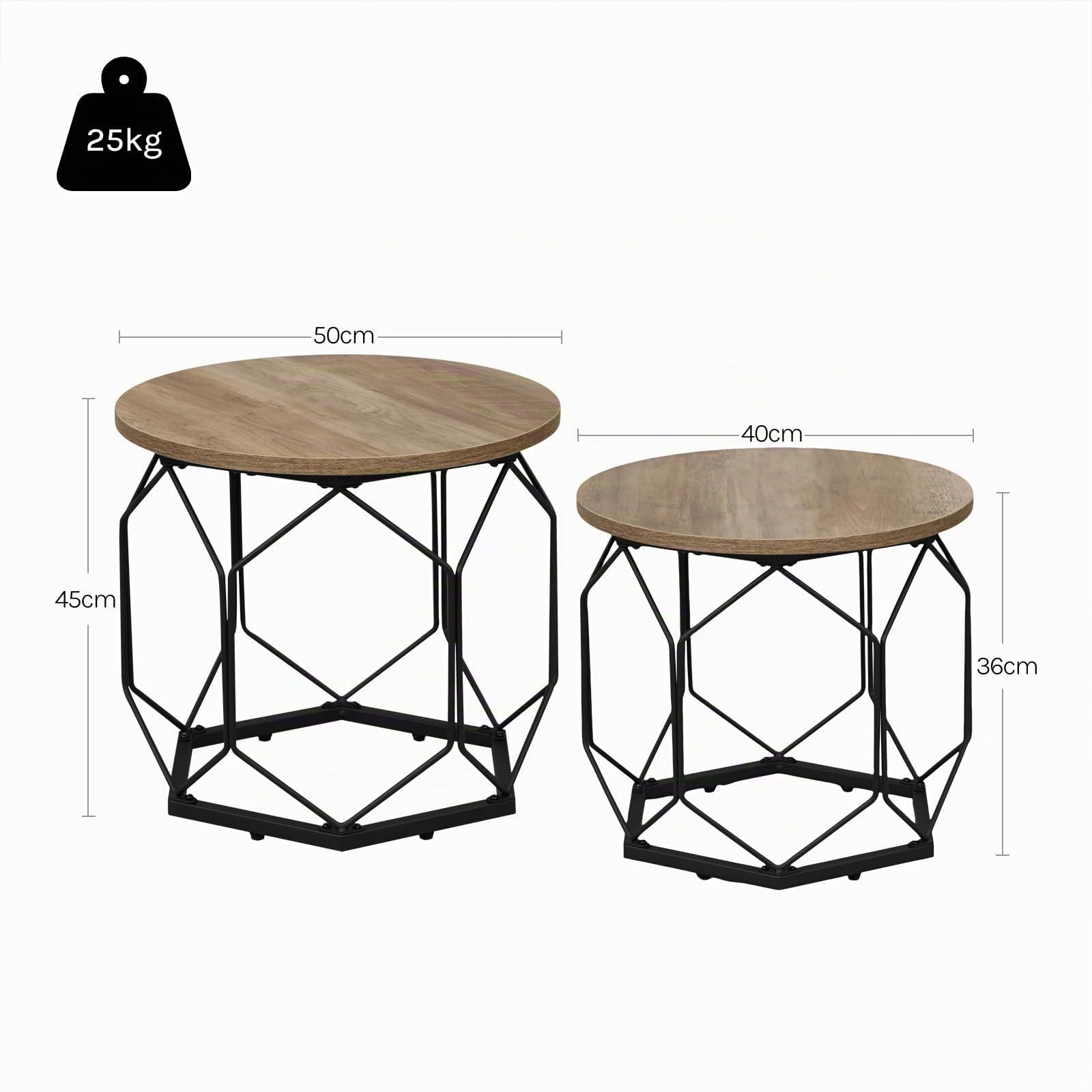 WOLTU Couchtisch 2er Set,Beistelltisch rund,hohlem Metallrahmen | Wohnzimmertisch mit Stauraum,Graue Holzoptik,einfache montage,bis 25 kg,für Wohnzimmer,Schlafzimmer ,Büro