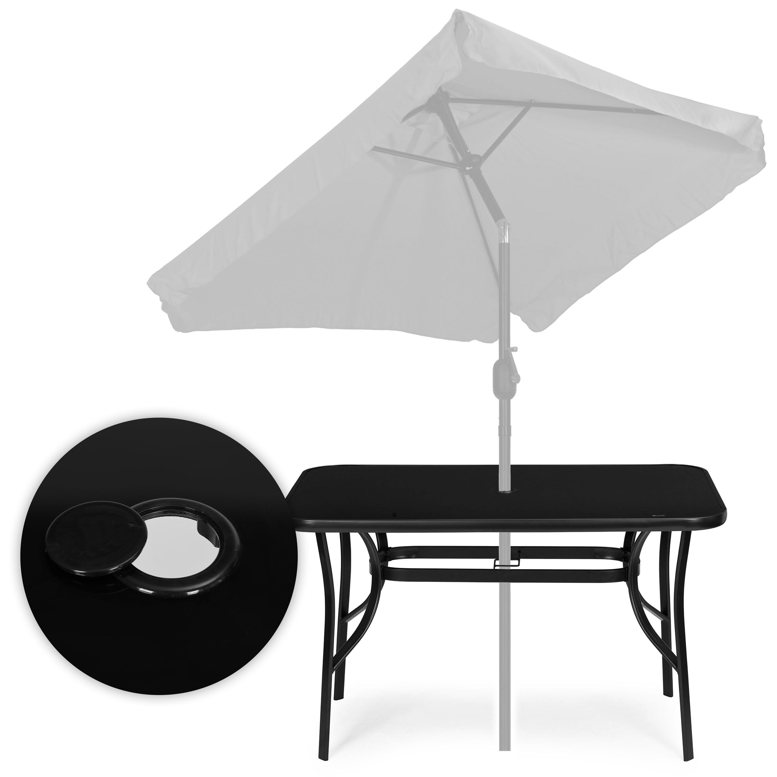 Mesa de jardín de 120 x 70 cm con tablero de cristal templado, mesa de terraza con orificio para sombrilla, mesa rectangular para balcón, mesa de exterior de acero
