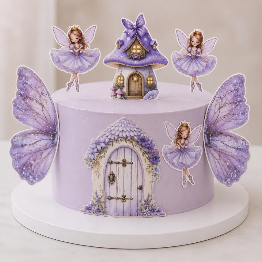 Homebakers Mart Lavender Fairy Butterfly Cake Topper Set for Girls Birthday Cake Decoration | Purple Fairy Theme Mushroom House, Butterfly Wings & Pri