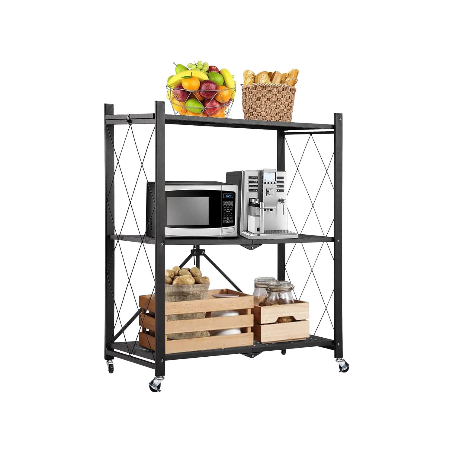 BonKaso Foldable 3-Tier Kitchen Storage Rack | Heavy-Duty Metal Trolley Stand with Wheels | Movable & Multifunctional Shelf for Home, Office & Pantry | Load Capacity Upto 66kg (71x34x87 cm) – Black
