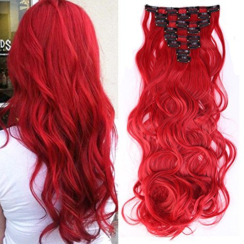 2-5 Days Delivery Clip in Hair Extensions 30colors Synthetic Hairpiece Straight Wavy Curly Highlight 8pcs Black Brown Blonde Grey Purple Pink Blue White (Curly - 24'', Dark red(Curly))