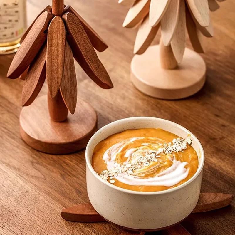 Image of Wooden Trivets for Hot Dishes Tree Shape Trivet Set Coaster for Teapot Hot Pots Coster for Dishes Stand,Stand Foldable Wooden Tree Trivet Stacking 4 Pieces Trivet Table Protection