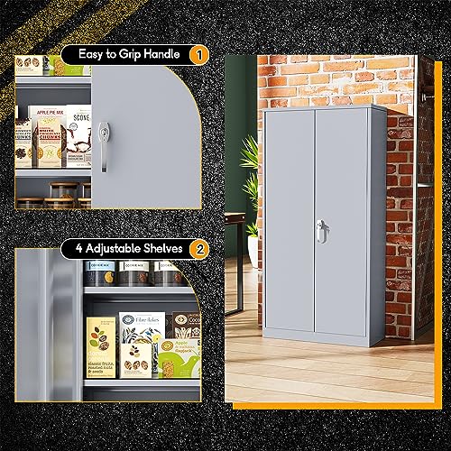 Greenvelly Metal Storage Cabinet, 72” Tall Steel Locking Cabinet with 2 Doors and 4 Adjustable Shelves, Utility Metal Filing Cabinet with Lock for Home Office, Garage, Classroom (Dark Grey) - Thumbnail 3