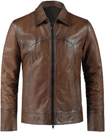 Mens Classic Chest Seam Style Genuine Lambskin Cafe Racer Biker Vintage Motorcycle Black Leather Jacket For Men