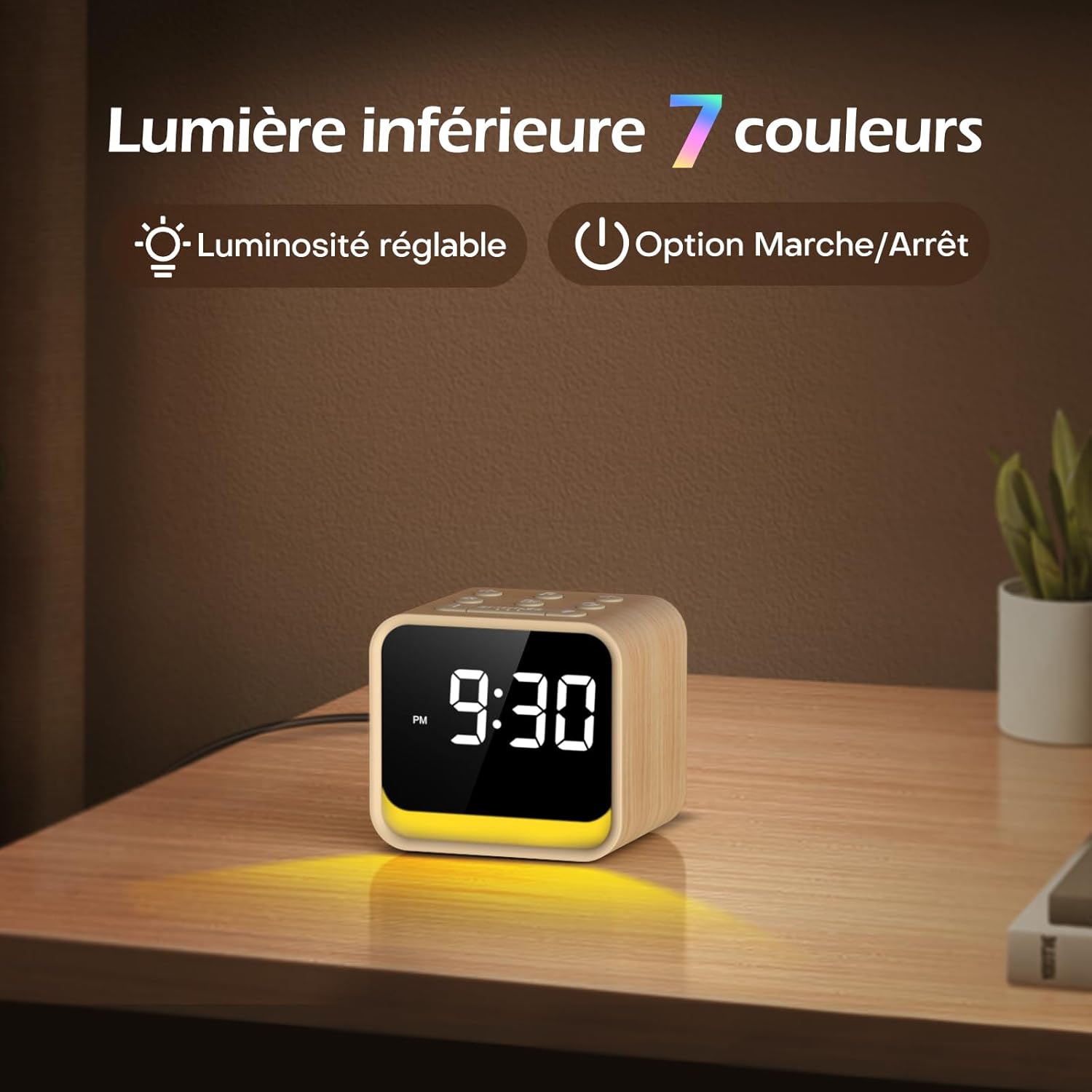 REACHER CR7WL Alarm Clock Radio with its bottom light illuminated in yellow, demonstrating the 7-color ambient night light feature with adjustable brightness.