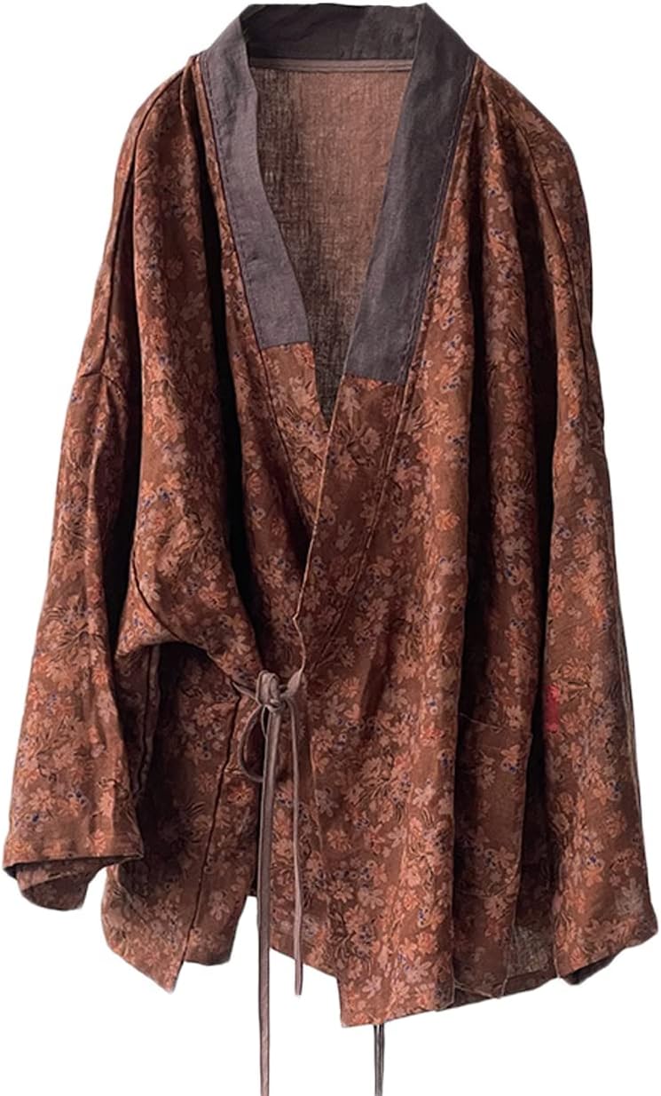 NFYM Women's Cotton Padded Short Jacket Kimono Cardigan Wrap Front Chinese Hanfu Style Printed Patchwork Loose Outwear