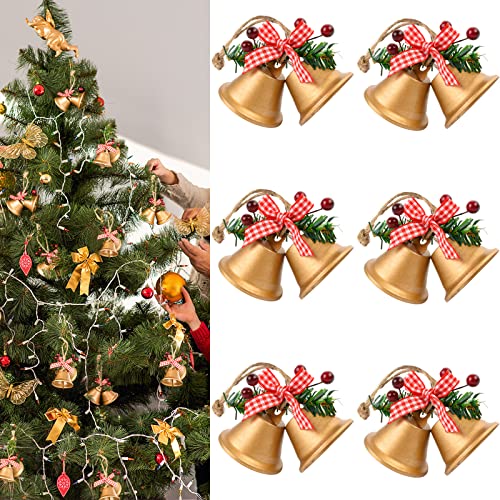 6Pcs Christmas Jingle Bells Ornaments: Gold Crafts Bells Christmas Tree Ornaments, Xmas Metal Bells Christma Tree Hanging Decorations For Indoor Outdoor Home Party Holiday Supplies #TOP29