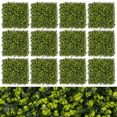 COSTWAY 12 Piezas Plantas de Césped Artificial 50 x 50 cm, Paneles de Seto Artificiales con Textura Curvada, Panel de Pared de Césped, Paneles de Privacidad para Cercas de Jardín y Patio