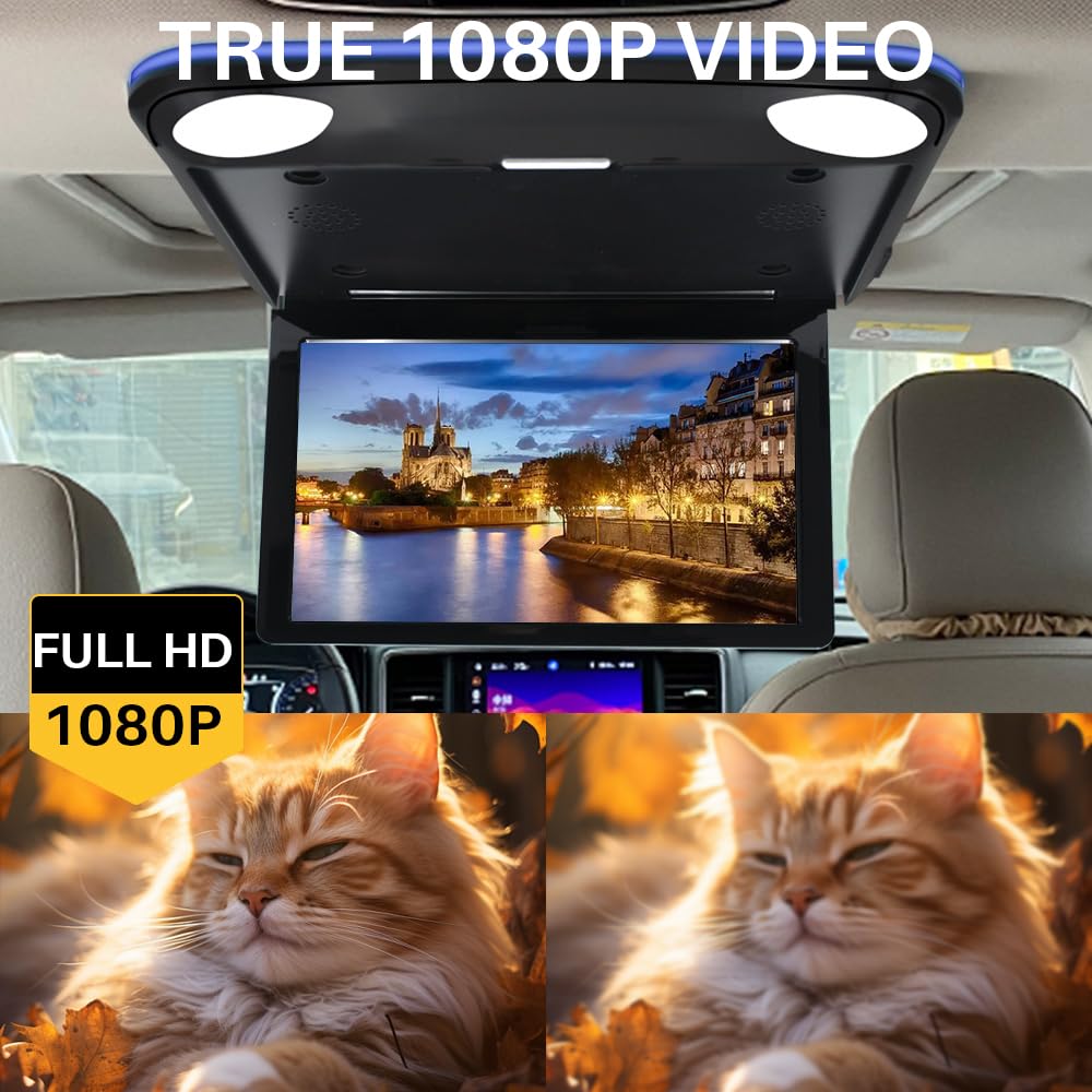 Monitor de Techo de Coche de 11.6 Pulgadas, 1080P HD Ultra Delgado IPS Pantalla Flip Down Multimedia Monitor, LED Auto Iris Light, Video Coche Superior Reproductor con USB TF HDMI FM