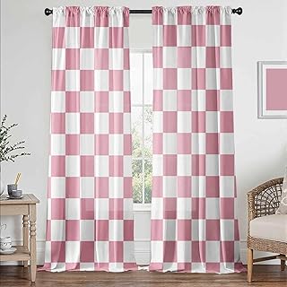 Pink Checkered Curtains for Bedroom,Rod Pocket Pink and White Semi Sheer Curtains Farmhouse Retro Checkerboard Light Filtering Drapes for Living Room,Set of 2 Window Curtain Panels,52 x 84 Inch