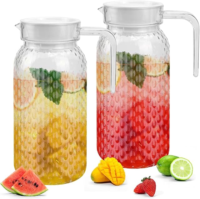 Pitchers acryliques avec couvercle et poignée, Snillok paquet de 2 1 Litre clair de l'eau Pitcher Incassable de boisson Pitche Transparent jus Conteneur d'eau Carafe Jug pour jus de lait Iced thé limoade (sans BPA)