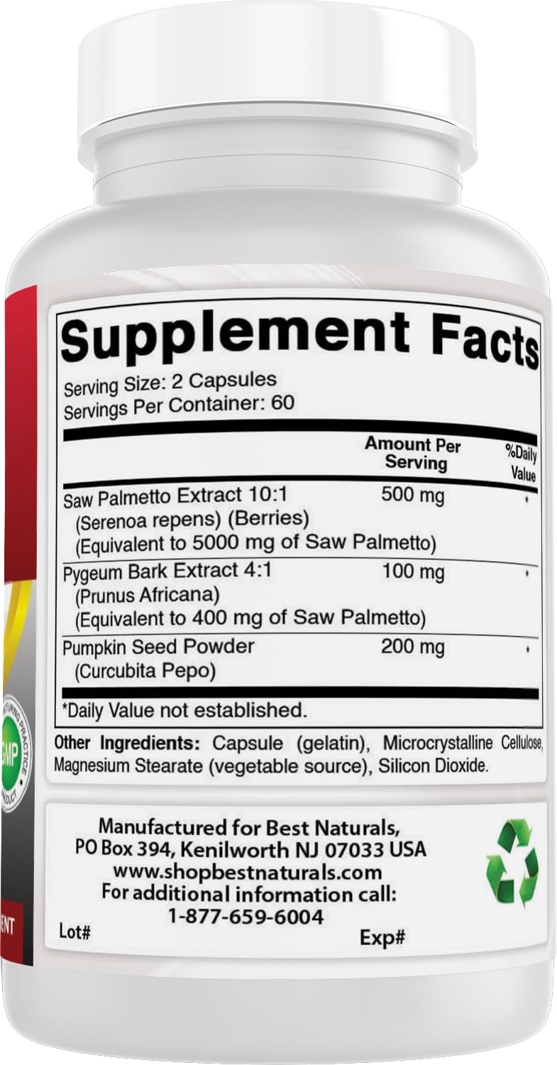 Best Naturals Saw Palmetto 10:1 Extract Prostate Supplements for Men - 120 Capsules - Made with Pygeum Bark 4:1 Extract & Pumpkin Seed Powder