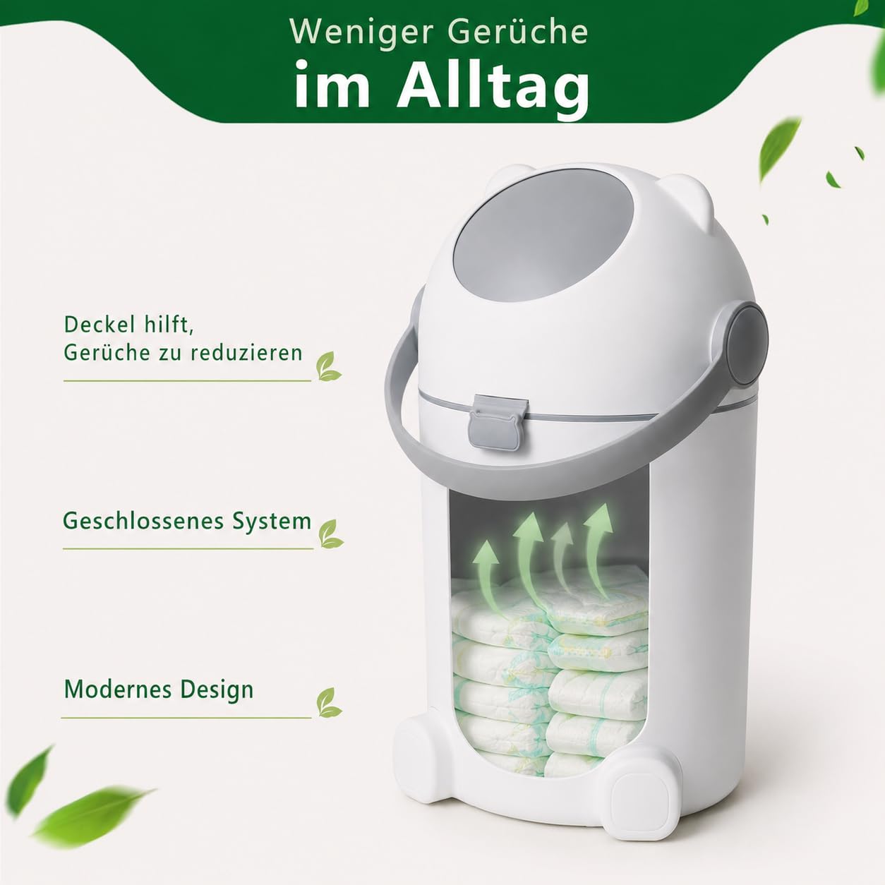 Windeleimer 12L mit Geruchsschutz, Windelmülleimer mit Einhand-Bedienung, ohne Nachfüllkassetten für normale Müllbeutel, Bären-Design in Weiß/Grau für Babyzimmer und Bad