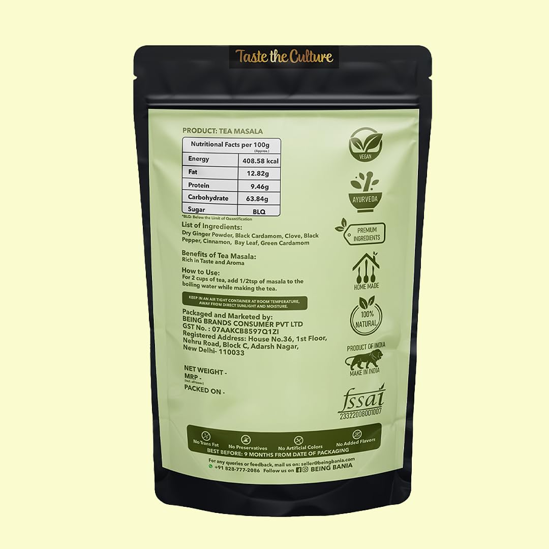 Being Bania Tea Masala 500 gm, Chai Masala Powder, 100% Natural and Premium Spices, Indian Masala Tea