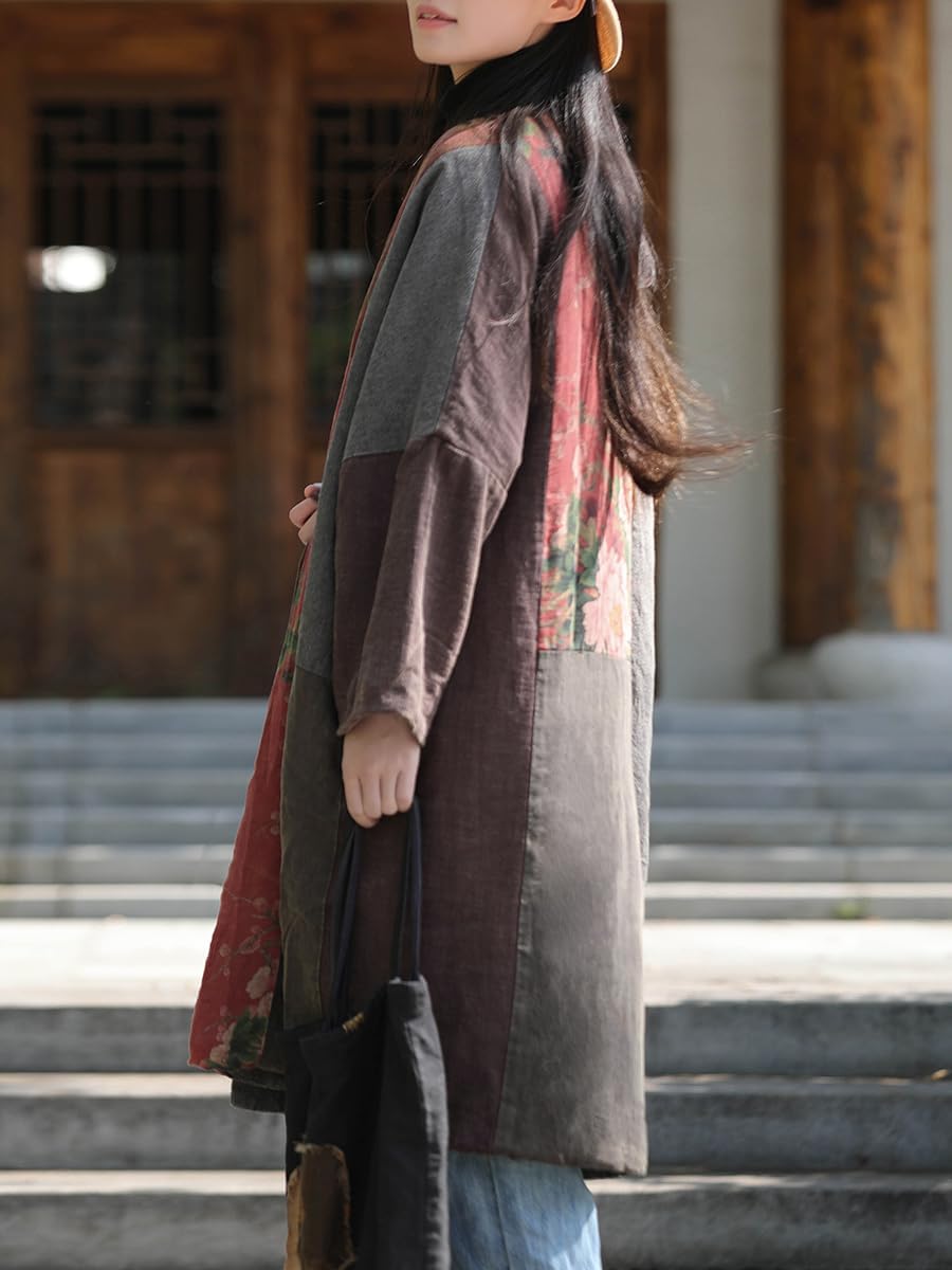 Vintage Floral Patchwork Kimono Quilted Jackets for Women Long Open Front Coat with Pockets Boho Chic Casual Wear - Image 3