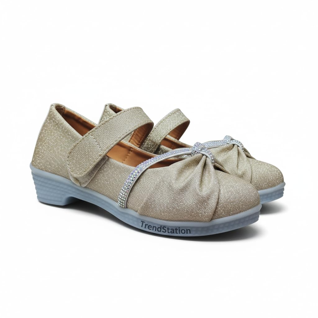 Girls' Patent Mary Jane Shoes with Floral Embellishment, Attractive Colour's, Pearl Flower Welcro Glittery Bellies-image-42