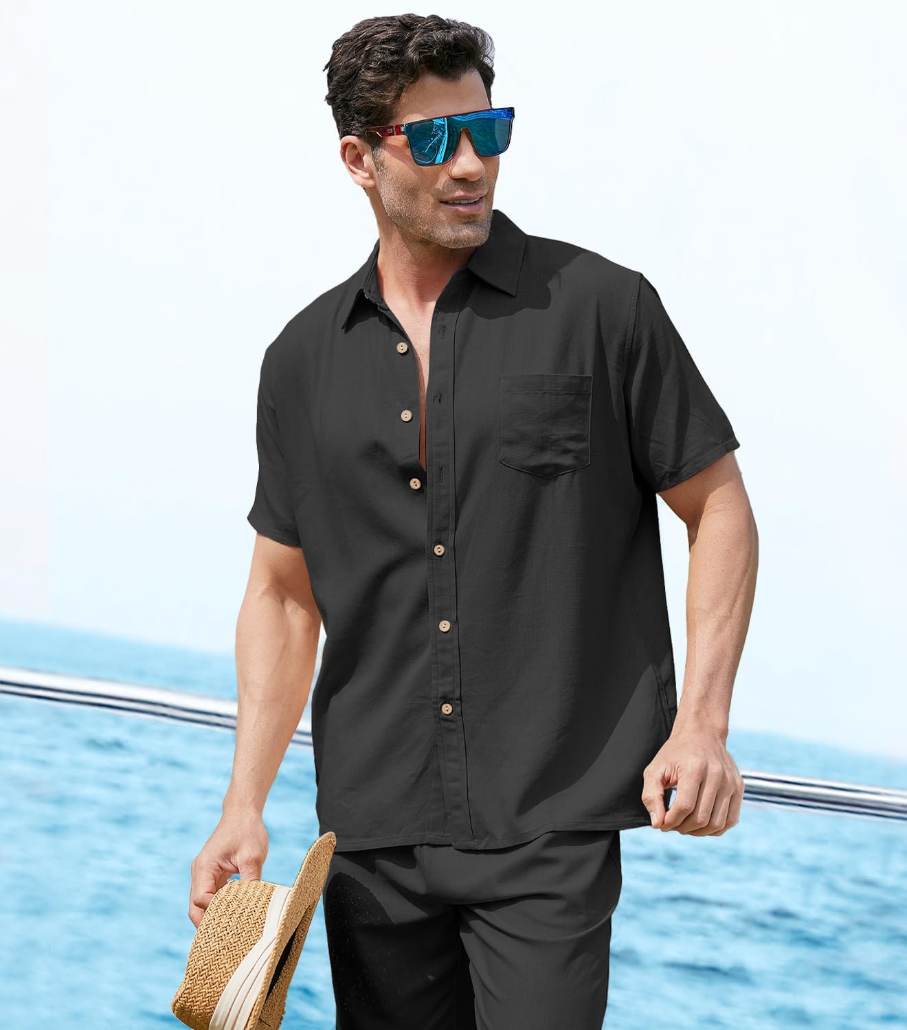 URRU Men’s 2 Piece Linen Outfit Summer Beach Short Sleeve Button Down Shirt and Pants Set - Image 3