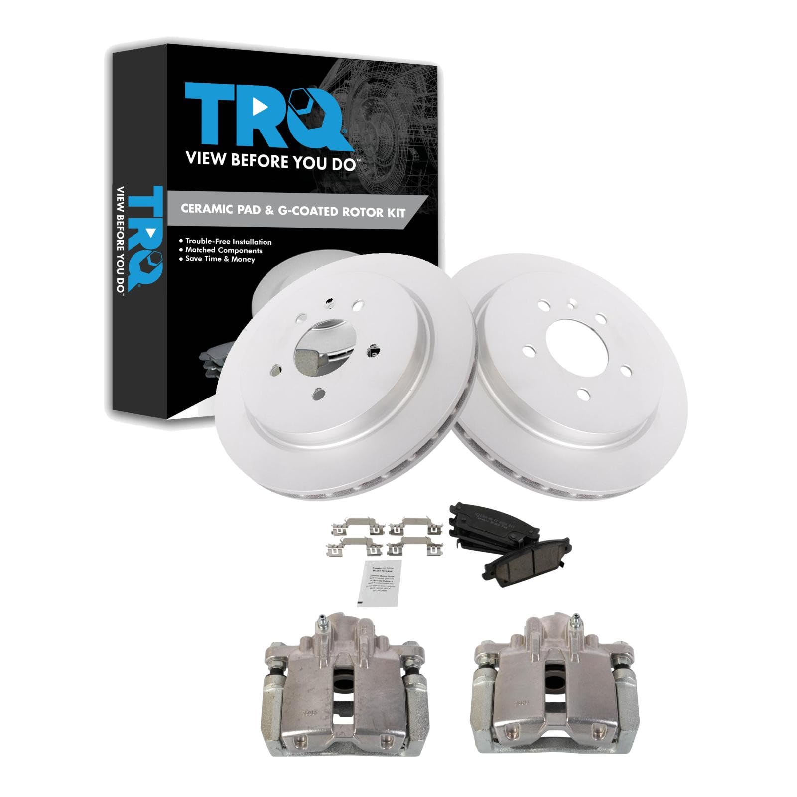 TRQ Rear Brake Pad and Rotor Set Ceramic G Coated Rotors Calipers