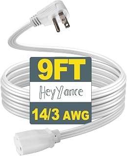 14 Gauge Heavy Duty Appliance Extension Cord - 9 FT SPT-3 Flat Plug 3 Prong Grounded Power Cable for Air Conditioners, Refrigerators, Microwaves, Washing Machines - Indoor Use, White