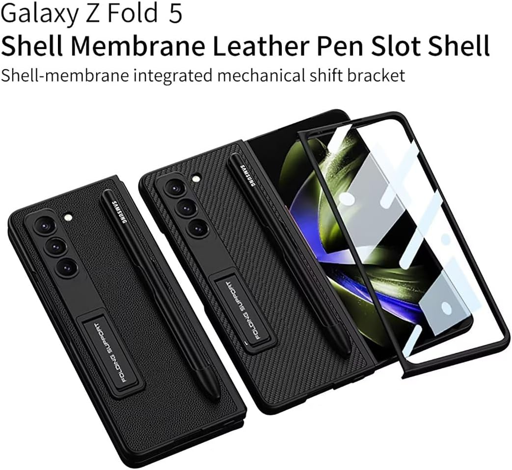 for Samsung Galaxy Z Fold 5 5G Case with Pen Holder,Kickstand,Anti-Shock,Built-in Front Screen Protector High-Definition Explosion-Proof Glass, Slim Texture Case.(White)