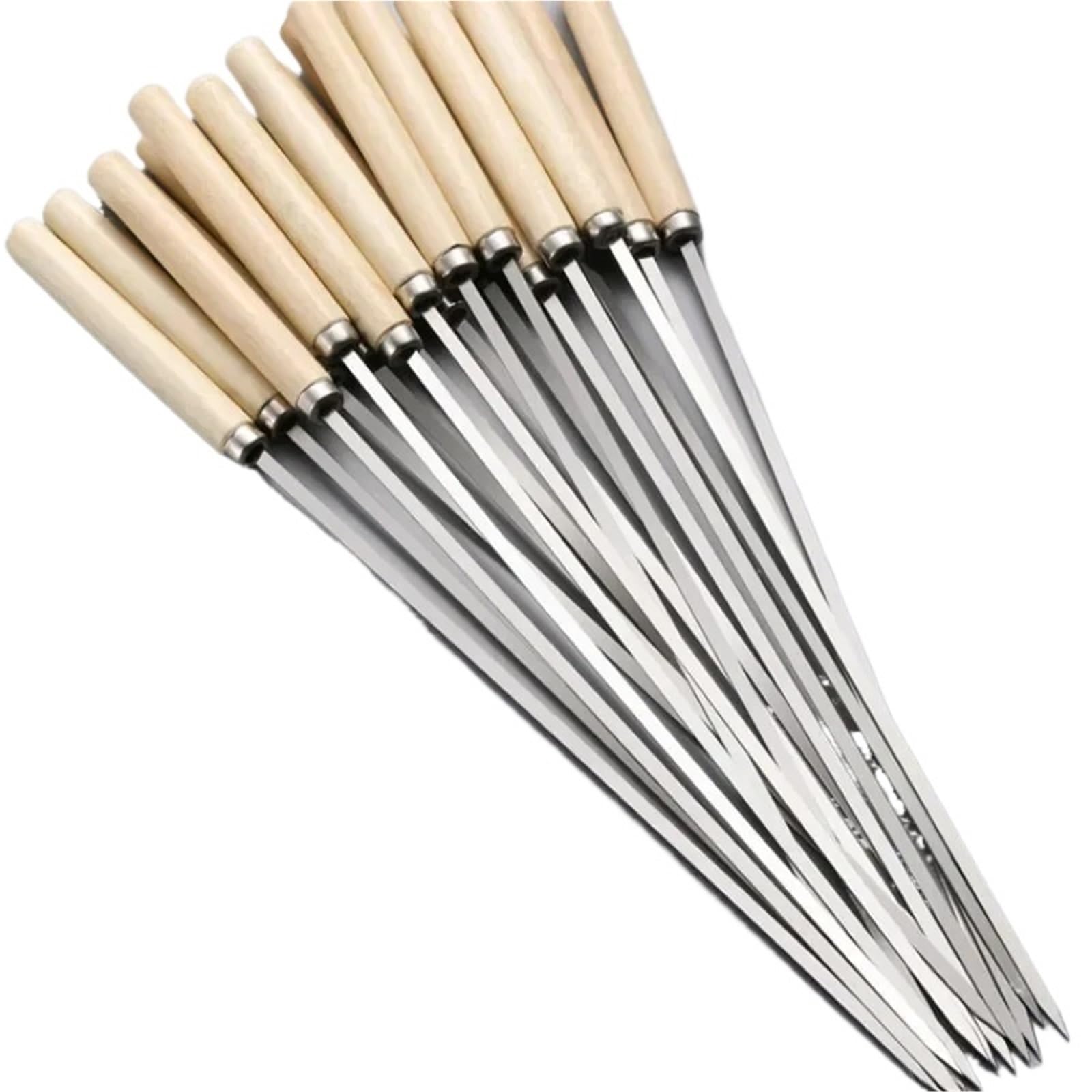 GTHTUHFD Kebab Skewers With Wooden Handle 10Pcs Wooden Handle Heat-Resistant Barbecue Skewers Reusable Stainless Steel Wide