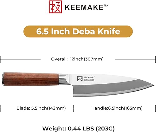 Miniatura 7 de KEEMAKE Deba - Cuchillo de chef de 6.5 pulgadas, de acero inoxidable de alto carbono, bisel único, 1.4116, estilo japonés, para pescado y carne, con