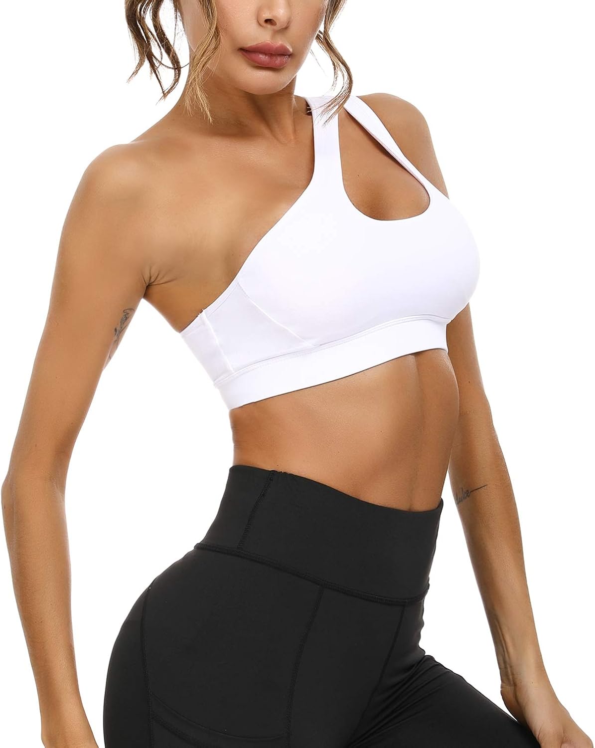 Sykooria Womens One Shoulder Sports Bras Workout Left Strap Yoga Bras Cute Medium Support Crop Tops - Image 2