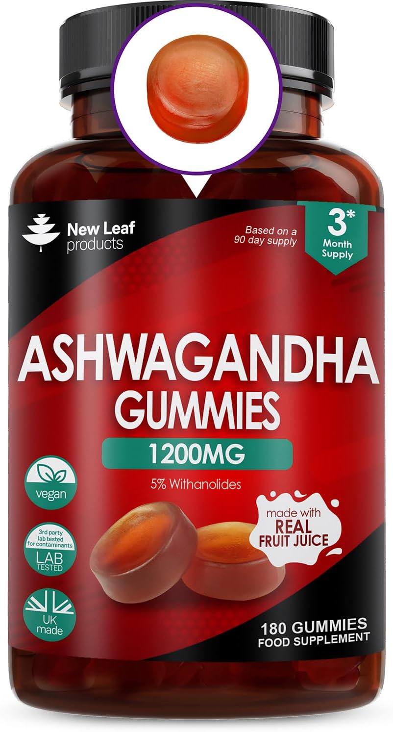 Ashwagandha Gummies 1200mg – 3 Months Supply High Strength 5% Withanolides – Real Fruit Juice, No Artificial Colours or Flavours – Pure Ashwagandha Root Extract, Gluten Free, UK Made by New Leaf