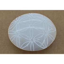 Amazing Gemstone Selenite Palm Stone - Flower of Life Engraved Hot Massage Worry Stone for Natural Body Chakra Balancing, Reiki Healing and Crystal Grid