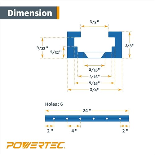 Miniatura 5 de POWERTEC 71065V - Pista en T universal de perfil de doble corte de 24 pulgadas con agujeros de montaje preperforados, 1 unidad, riel en T de