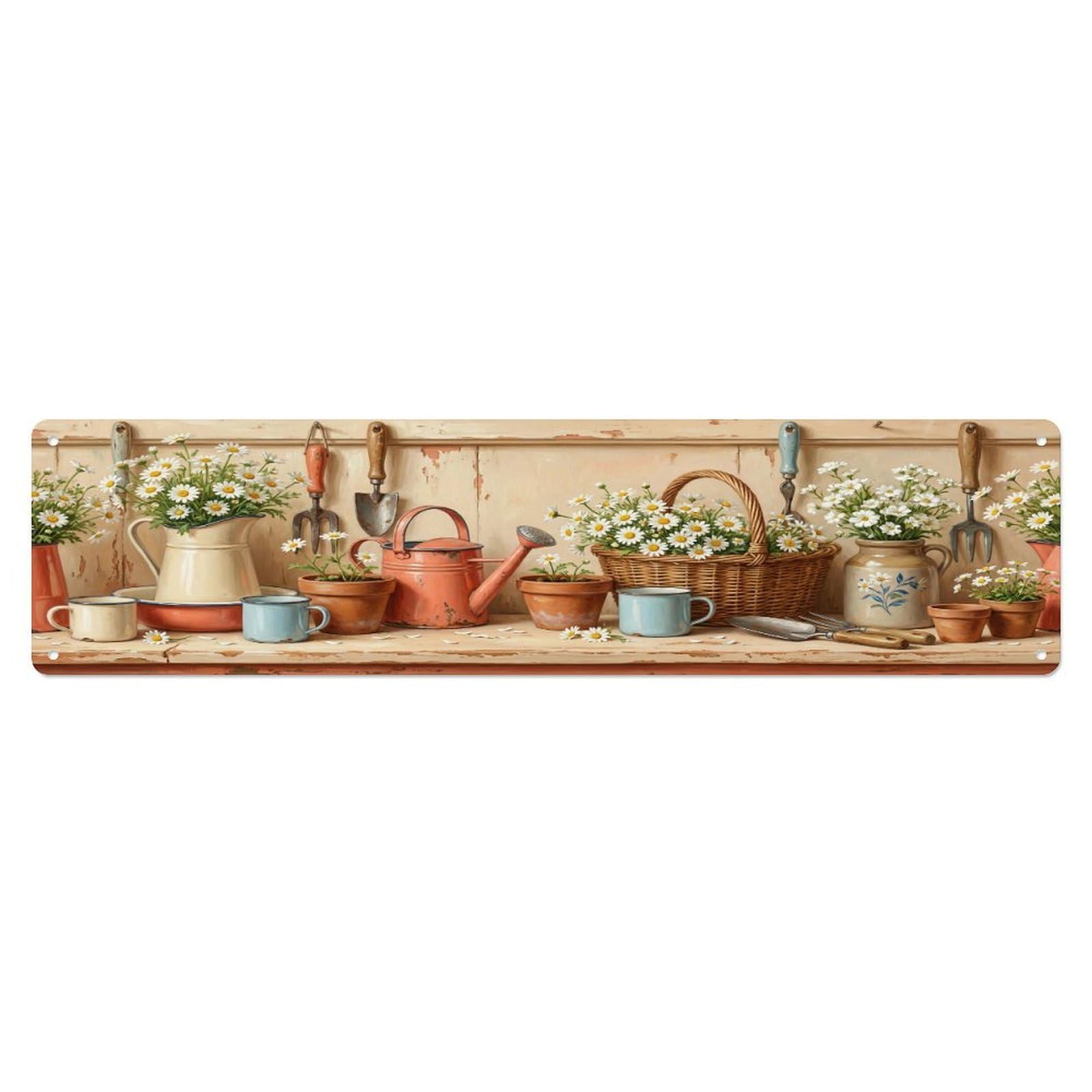 Floral Garden Tools Daisies Enamelware Pattern Print Metal Tin Sign