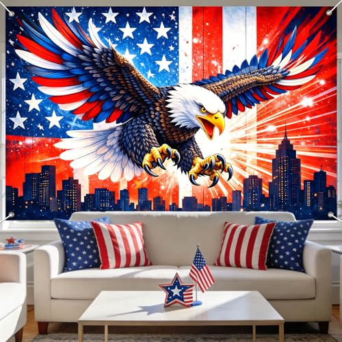 Image of IVN Patriotic Eagle Backdrop Banner 71 x 43 Inch USA Flag Stars Stripes Eagle City Skyline Background Photo Booth Backdrop 4th of July Independence Day Memorial Day Veterans Day Indoor Outdoor Decor