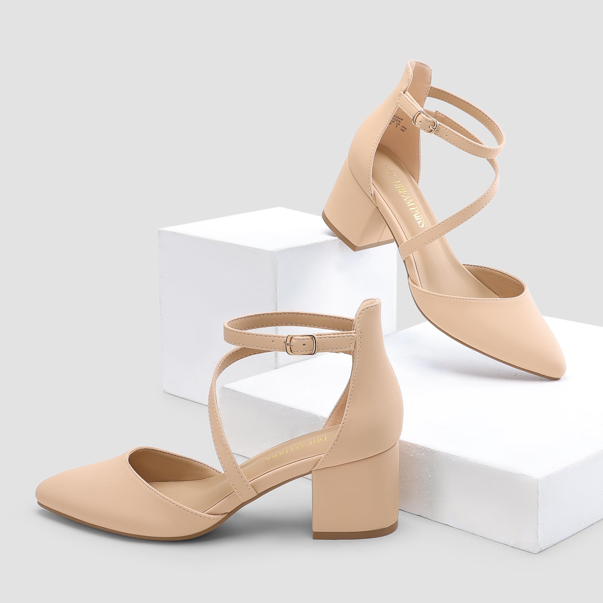 DREAM PAIRS Damskie zamknięte szpiczasty nosek niskie grube obcasy czółenka pasek na kostkę ślub biznes eleganckie buty