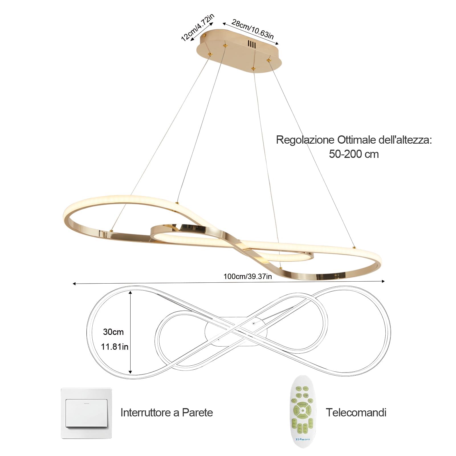 Lampadario Led Sospensione, Lampadario Moderno, 57W, Lampadario Sala da Pranzo, Dimmerabili, Regolabile in Altezza, per Sala Da Pranzo,Cucina (oro)