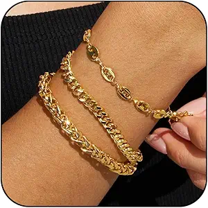 Waterproof Gold Chain Bracelet For Women Non Tarnish,14K Gold Plated Stainless Steel Link Dainty Bracelets Stake Layered Bracelet Set Hypoallergen Gold Jewelry