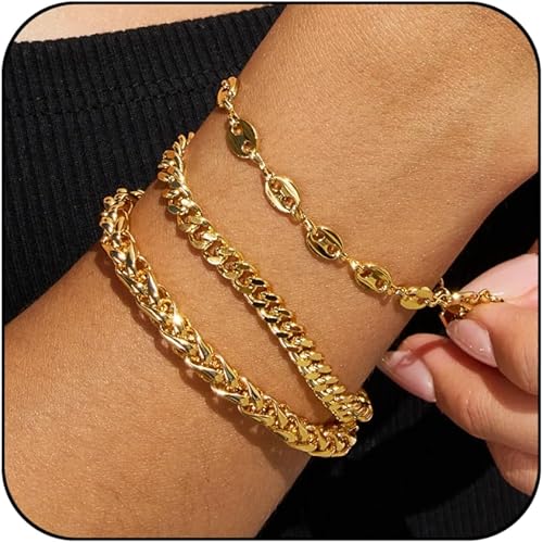 Waterproof Gold Chain Bracelet For Women Non Tarnish,14K Gold Plated Stainless Steel Link Dainty Bracelets Stake Layered Bracelet Set Hypoallergen Gold Jewelry