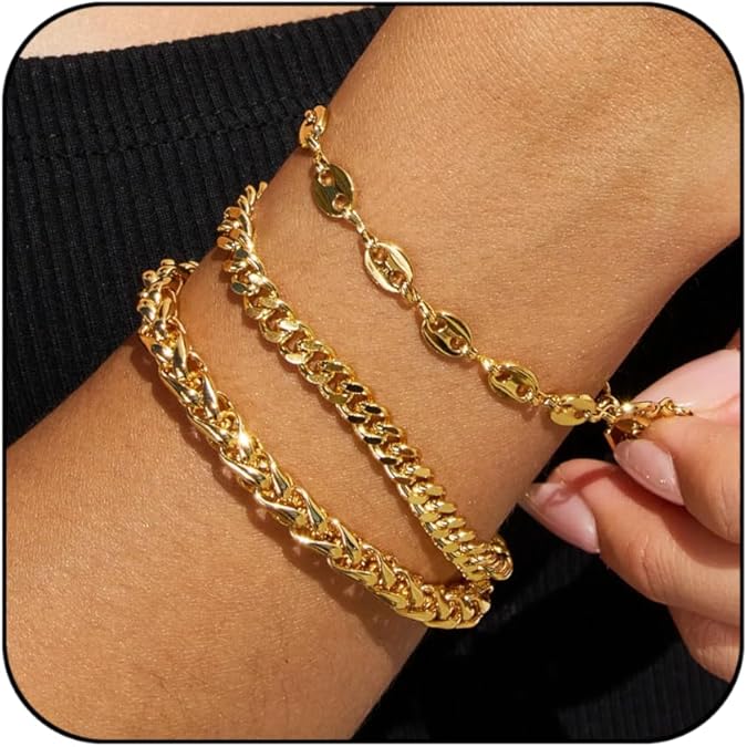 Waterproof Gold Chain Bracelet For Women Non Tarnish,14K Gold Plated Stainless Steel Link Dainty Bracelets Stake Layered Bracelet Set Hypoallergen Gold Jewelry