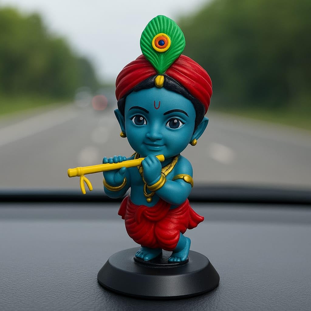 Mini Krishna Dashboard Idol, Playing Flute Pose, Resin Figurine with Black Base, 11 cm Height, Car Dashboard Decoration