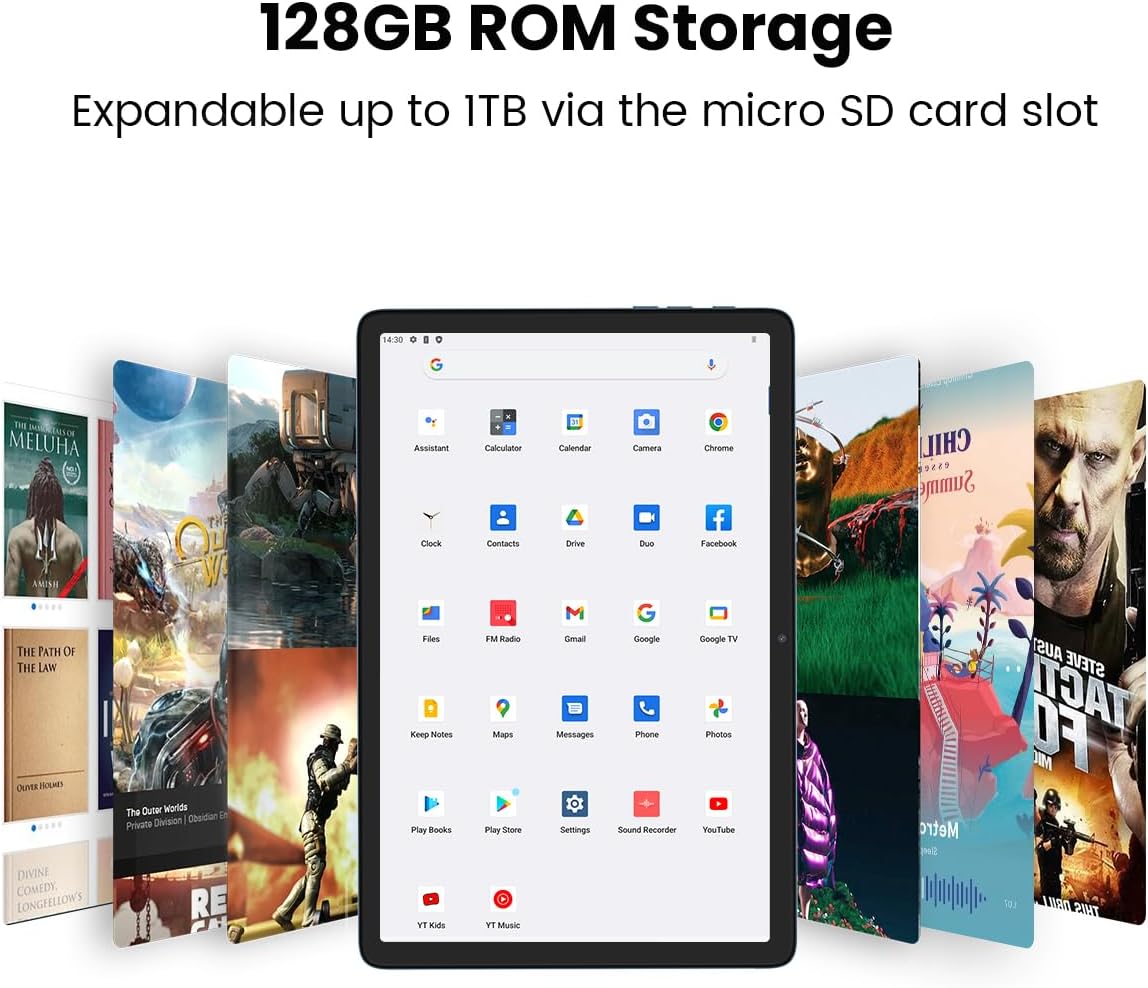 Tablet screen displaying various app icons, emphasizing 128GB ROM storage expandable up to 1TB.