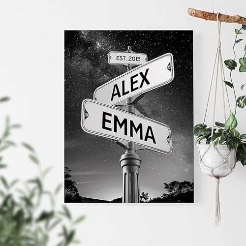 Miniatura 1 de KOLSTRAW Letrero de calle vintage de lienzo personalizado, letrero de nombre para parejas, letrero de encrucijada nombre y fecha de pareja, letrero