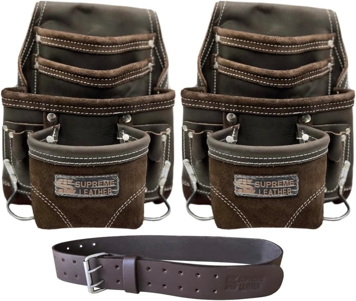 Supreme Leather Set of 10 Pocket Nail & Tool Pouch Top Grain Leather w/ 2” Leather Tool Belt for Constructors, Electricians, Plumbers, Handyman