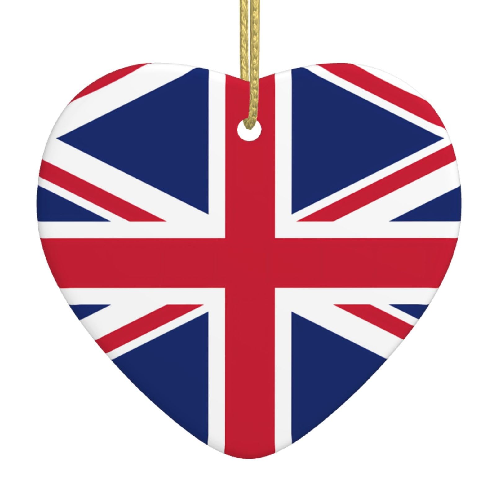 British Flag Ceramic Christmas Heart Pendant with Silk Thread, Christmas Tree Home Decoration