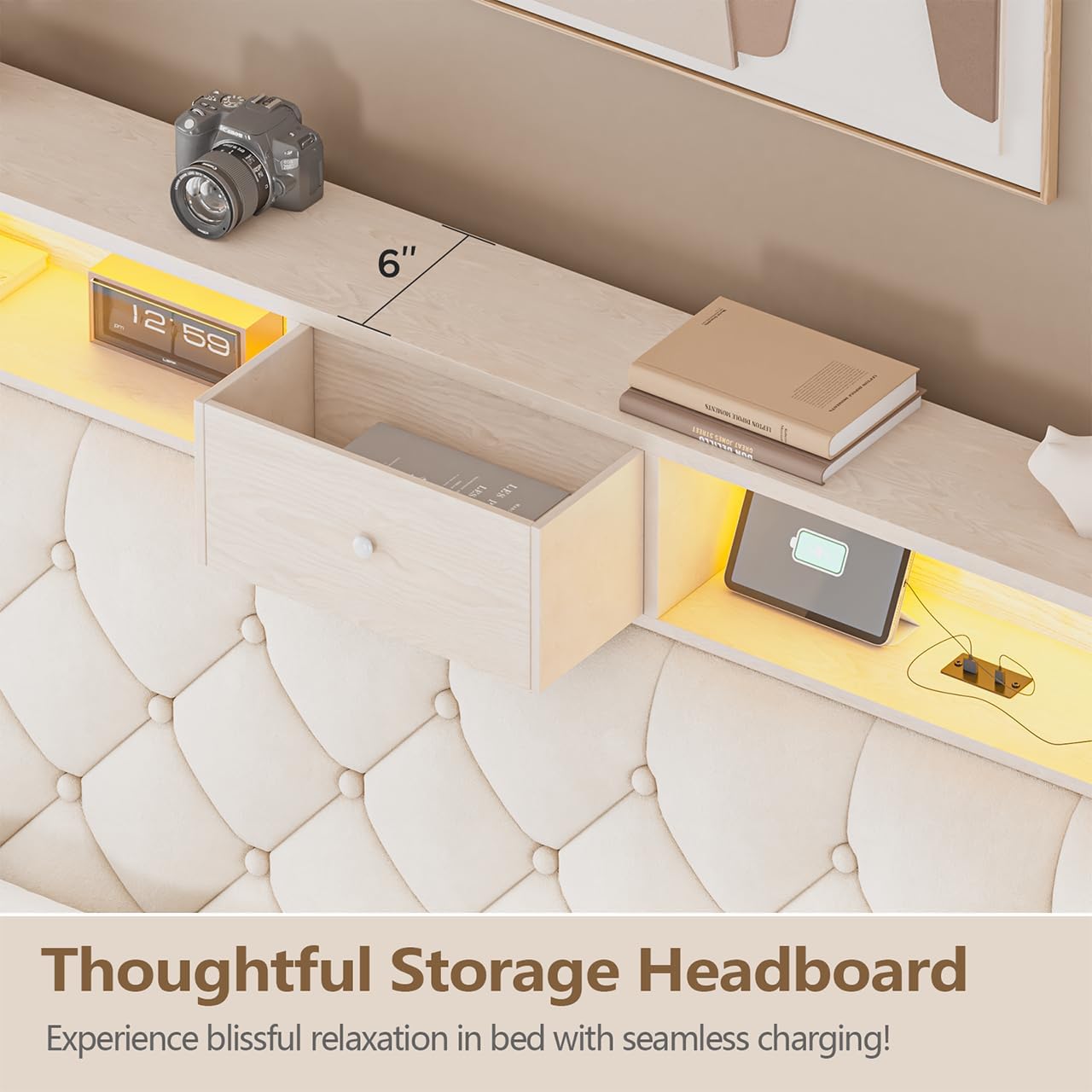 LED Queen Size Bed Frame with USB Charging Station, Velvet Upholstered Platform Bed Frames with Button Tufted Wingback Storage Headboard, Wooden Slats Support, No Box Spring Needed, Beige