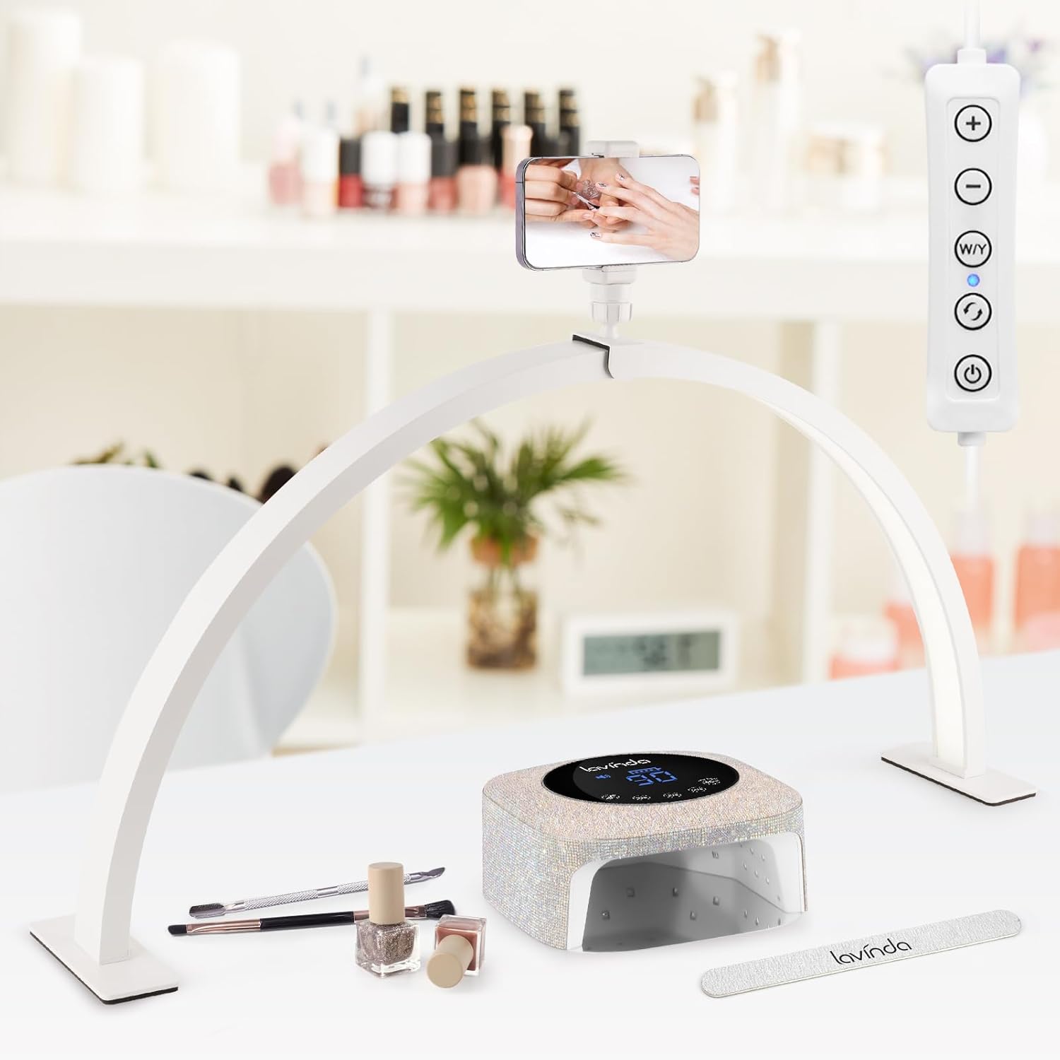 Lavinda Large Half Moon Light for Nail Desk, 29.5'' Nail Table Lamp with Phone Holder, 2700K-6500K Dimmable LED Desk Lamp with Wire Controller for Manicure DIY, Eyelash Extension, Skincare, Tattoo White