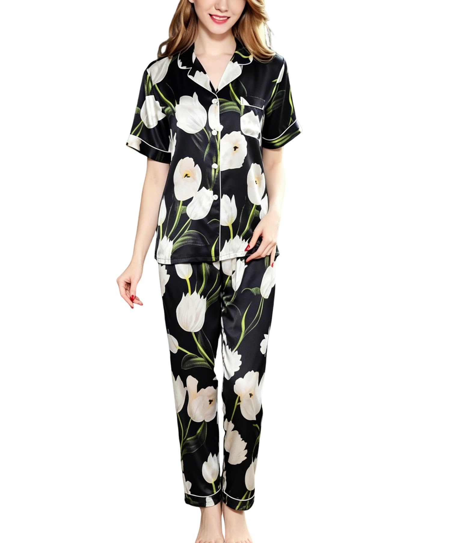 E-girl Damen 100% Seide bedrucktes Kurzarm Pyjama‑Set,EU 38-42