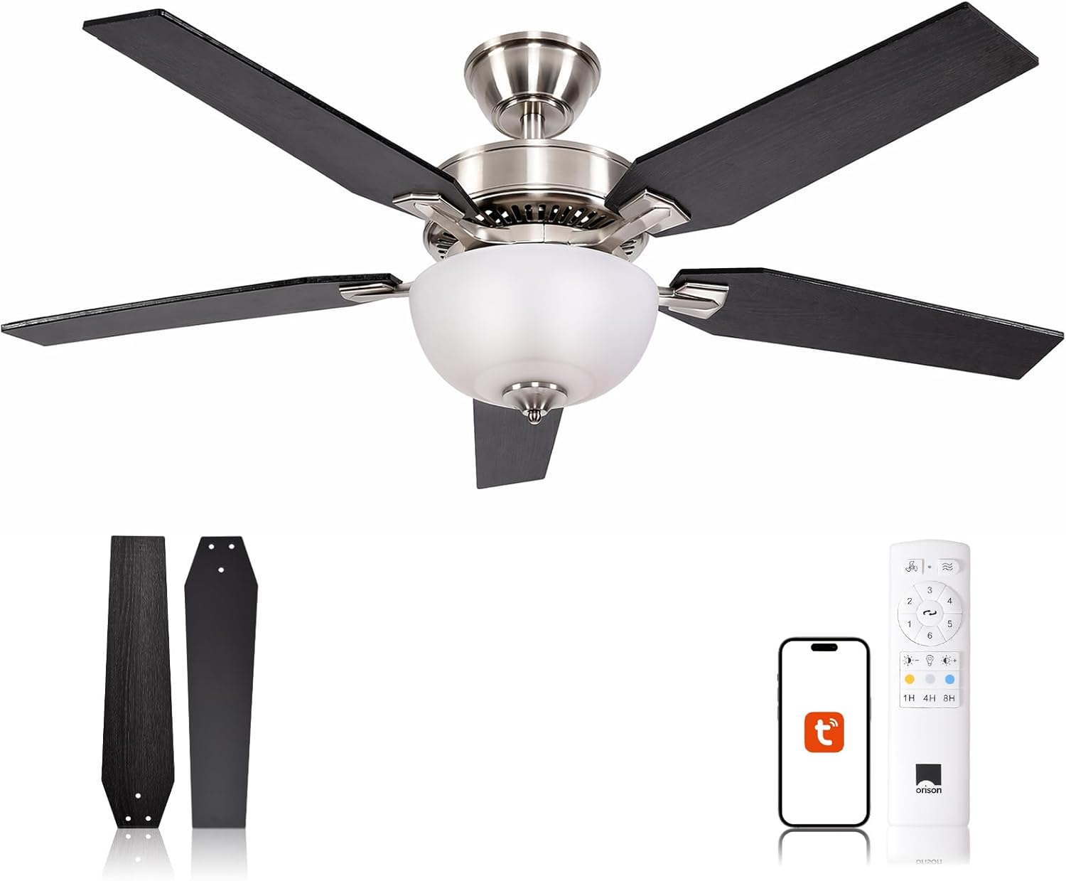 Orison 52 inch Indoor Ceiling Fan with Light, Flush Mount Ceiling Fans with Remote/APP Control, Smart Ceiling Fan for Bedroom, Living Room, Dimmable LED, Reversible Motor, 5 Blades