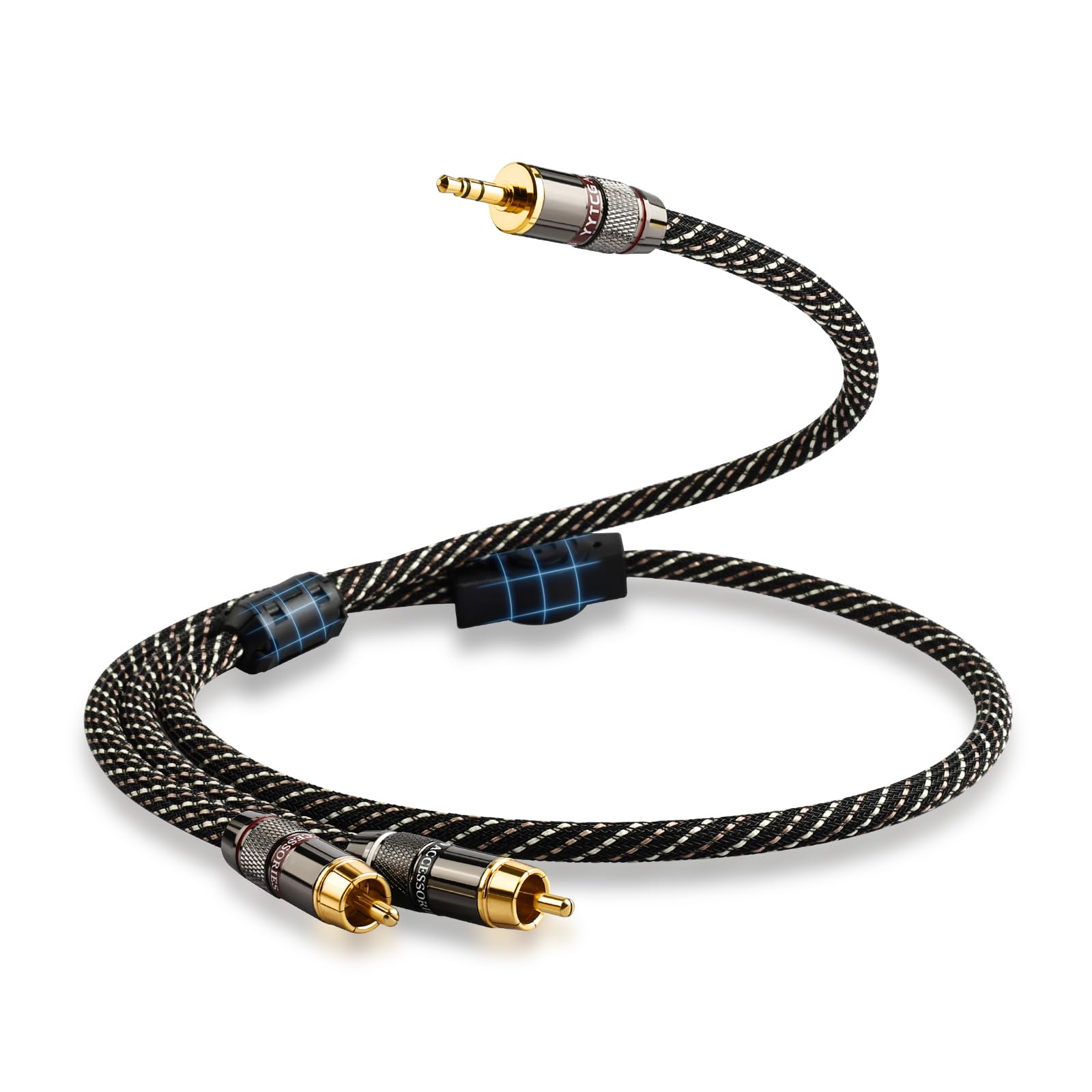 Audiophile - Cavo audio HiFi da 3,5 mm a 2 RCA maschio, nucleo OFC 4N, connettori placcati oro 24 K, con treccia in nylon, coassiale, compatibile con smartphone, laptop, lettore MP3