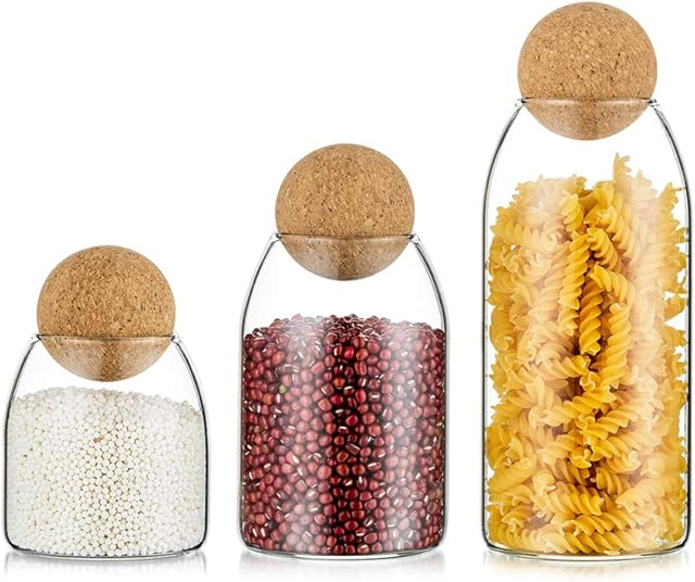 Set of 3 Glass Jars with Lid Kitchen Storage Jars Canister Sets With Wooden Lids Airtight Containers for Pasta, Flour, Pantry, Cereal Food Storage for Kitchen Counter