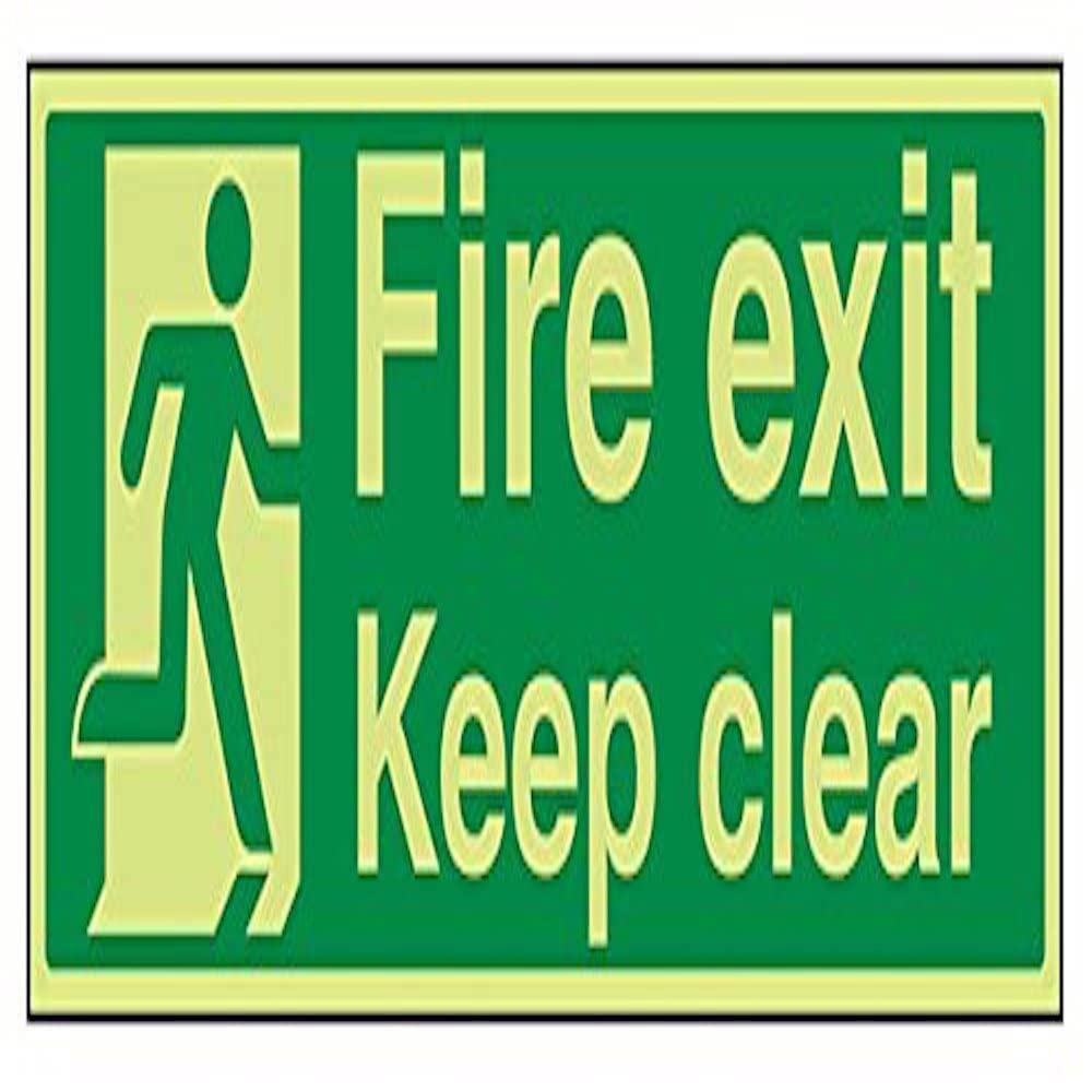 V Safety Glow In The Dark Fire Exit Keep Clear Sign - 450mm x 150mm - Rigid Plastic