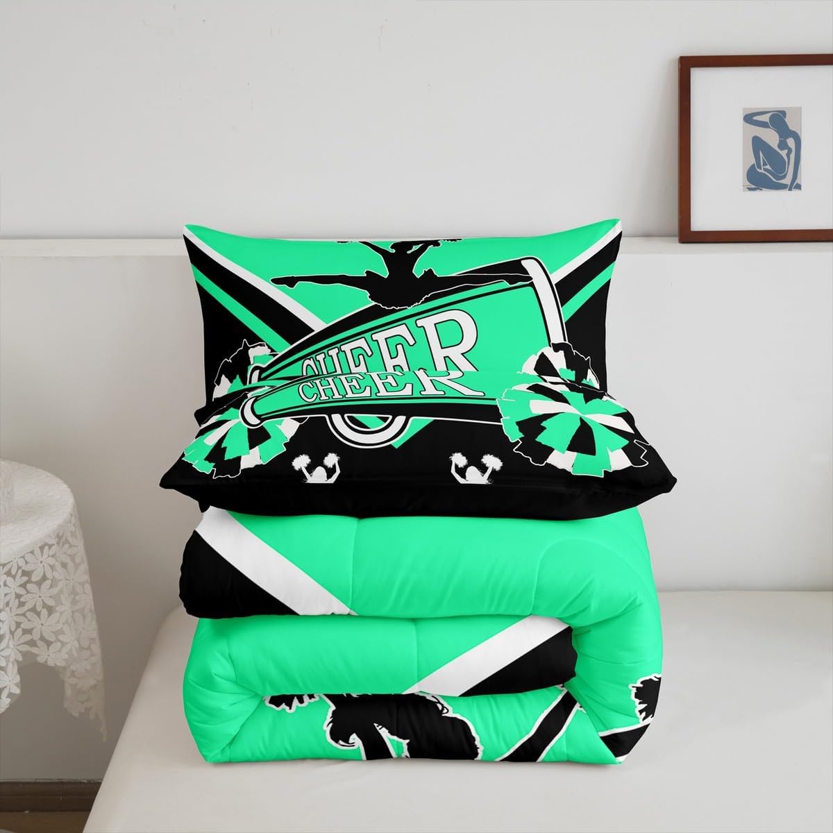 Cheerleading Queen Comforter Set Dance Princess Bedding Set Queen for Girls, Kawaii Cheerleader Bedding Comforter Sets Black Spring Green Duvet Set, Cheerleading Pompoms Print Quilted Comforter